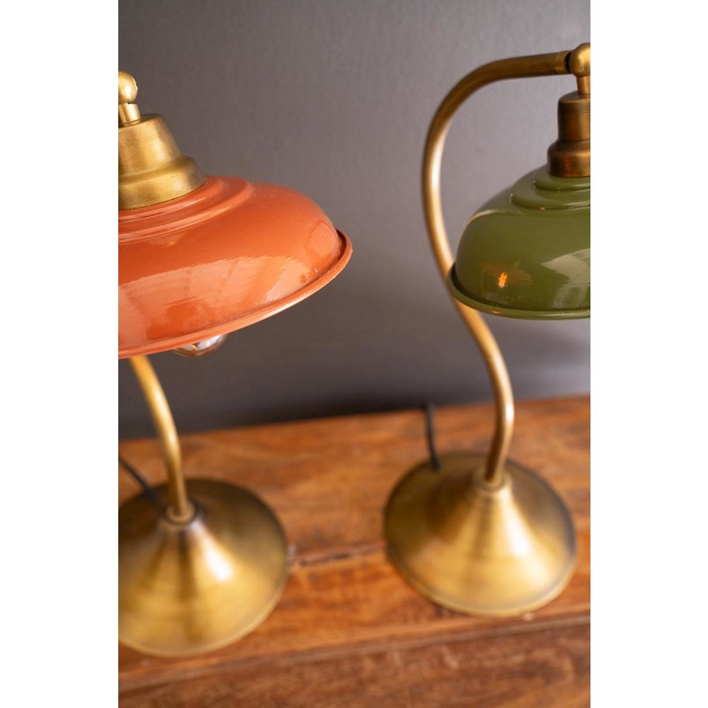 Antique Brass Table Lamp With Green Enamel Shade