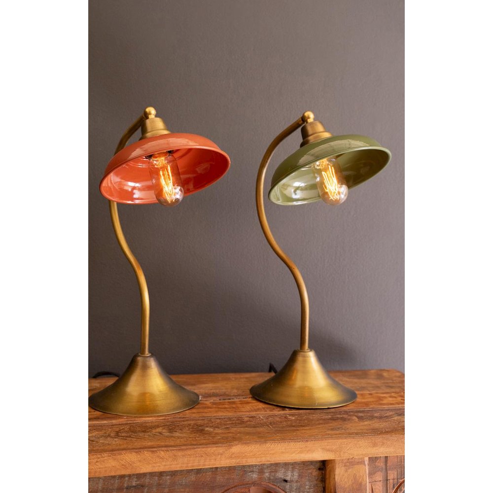 Antique Brass Table Lamp With Green Enamel Shade