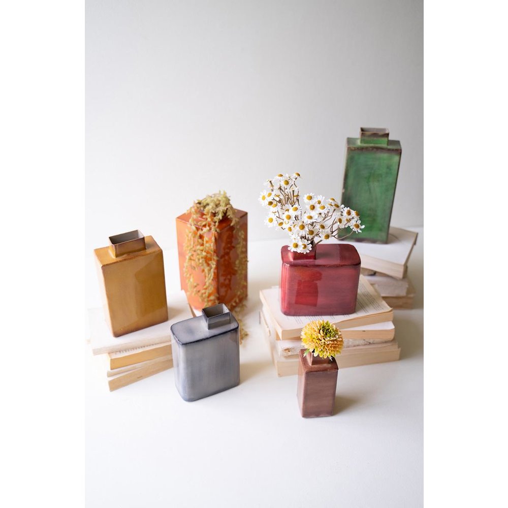 Set Of Six Painted Metal Vases - One Each