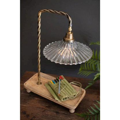Table Lamp With Wooden Tray Base And Glass Shade