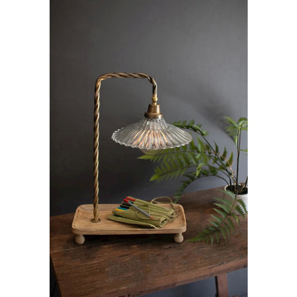 Table Lamp With Wooden Tray Base And Glass Shade
