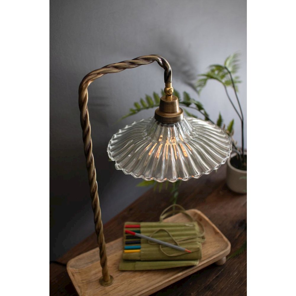 Table Lamp With Wooden Tray Base And Glass Shade