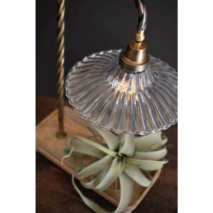 Table Lamp With Wooden Tray Base And Glass Shade