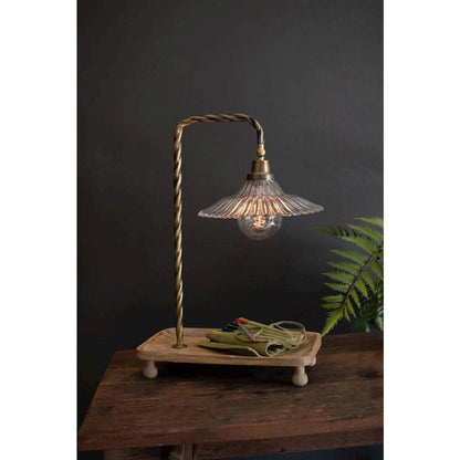Table Lamp With Wooden Tray Base And Glass Shade