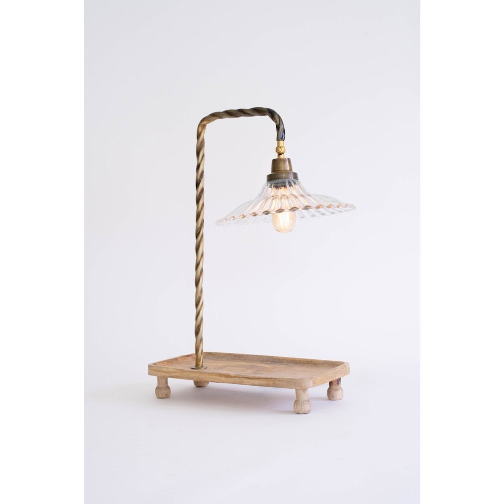 Table Lamp With Wooden Tray Base And Glass Shade