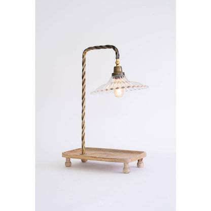Table Lamp With Wooden Tray Base And Glass Shade