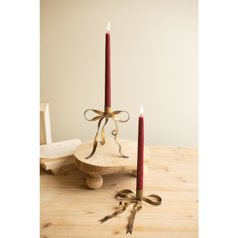 Set of Two Antique Brass Bow Taper Candle Holders