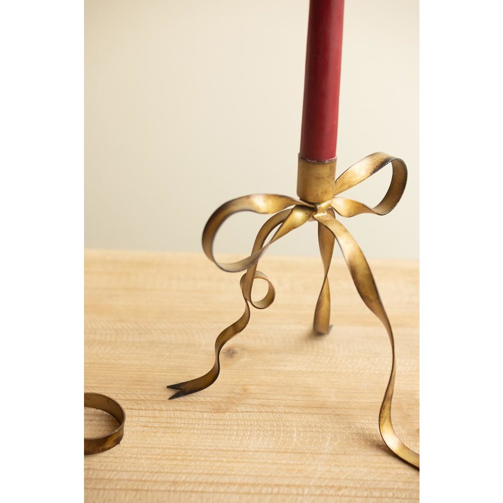 Set of Two Antique Brass Bow Taper Candle Holders
