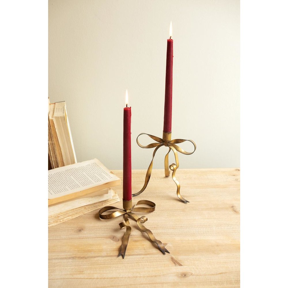 Set of Two Antique Brass Bow Taper Candle Holders