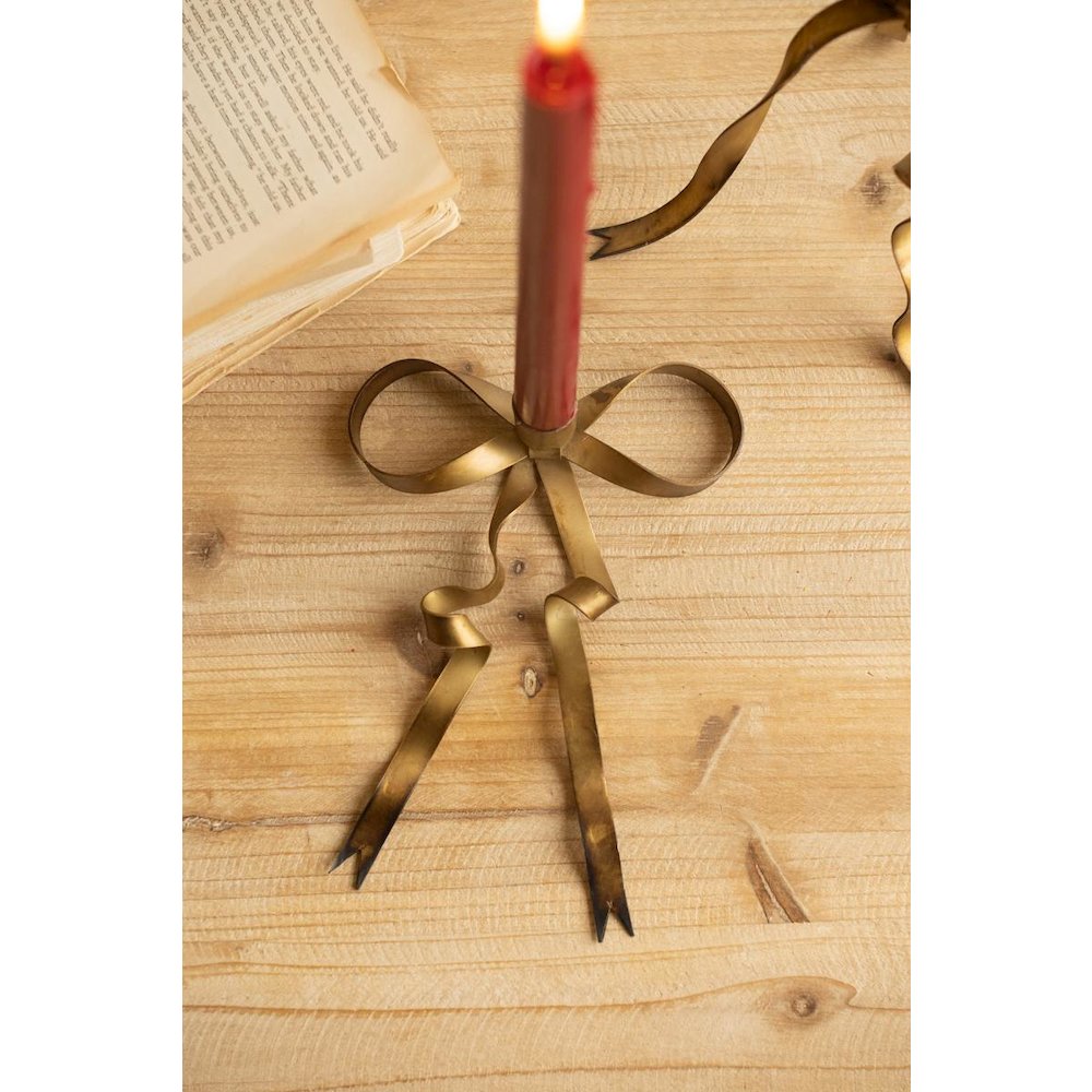 Set of Two Antique Brass Bow Taper Candle Holders