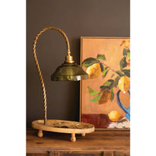 Table Lamp with Green Glass Shade and Oval Wooden Base
