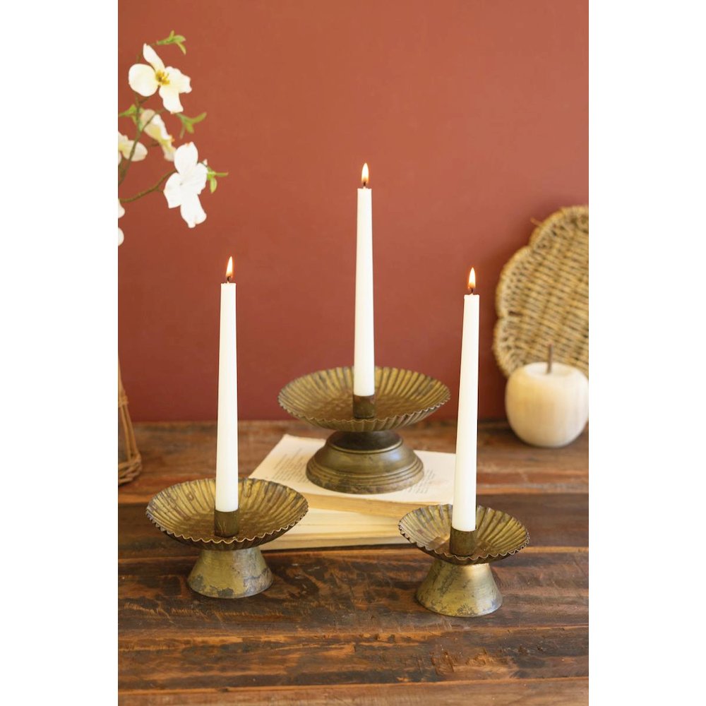 Set Of Three Taper Candle Holders W Fluted Bases -Ant Gold