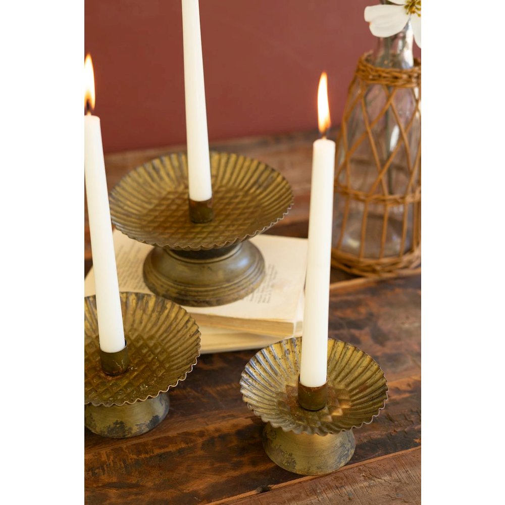 Set Of Three Taper Candle Holders W Fluted Bases -Ant Gold