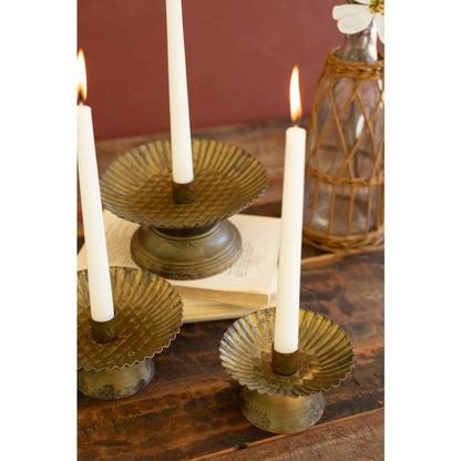 Set Of Three Taper Candle Holders W Fluted Bases -Ant Gold