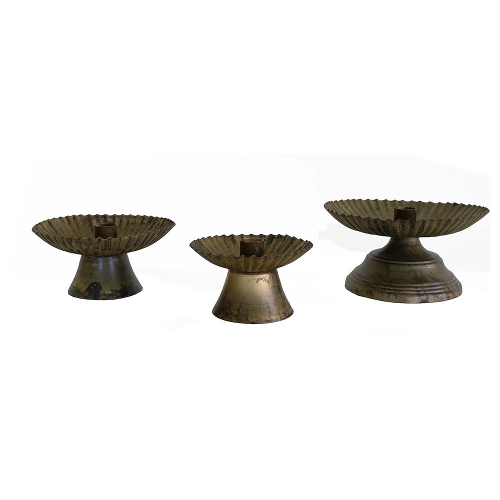 Set Of Three Taper Candle Holders W Fluted Bases -Ant Gold