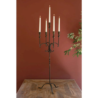 Tall Rustic Forged-Iron Five Taper Candelabra