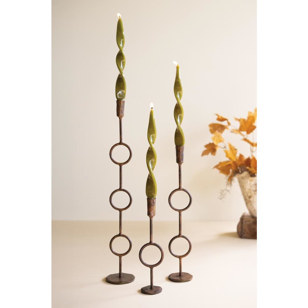 Set of Three Rustic Brass Taper Candle Holders - Rings