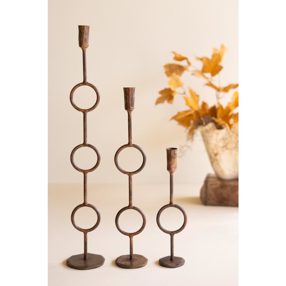 Set of Three Rustic Brass Taper Candle Holders - Rings