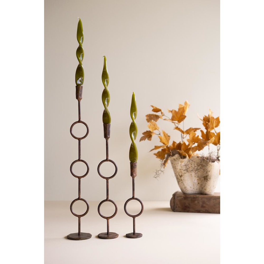 Set of Three Rustic Brass Taper Candle Holders - Rings