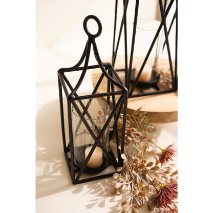 Set of Three Metal Lanterns with Glass Inserts