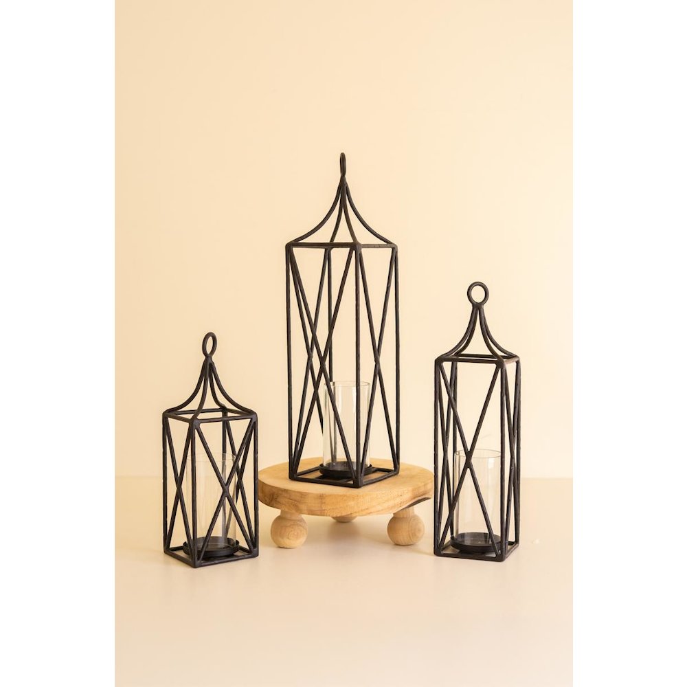 Set of Three Metal Lanterns with Glass Inserts
