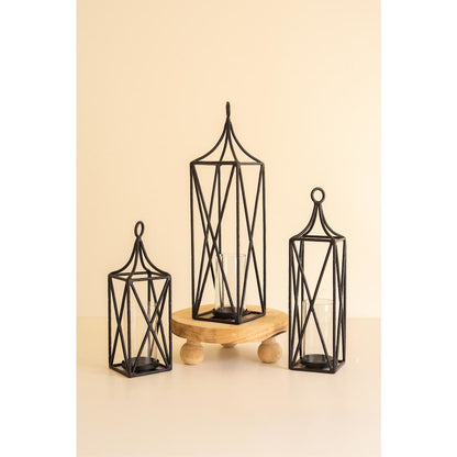 Set of Three Metal Lanterns with Glass Inserts