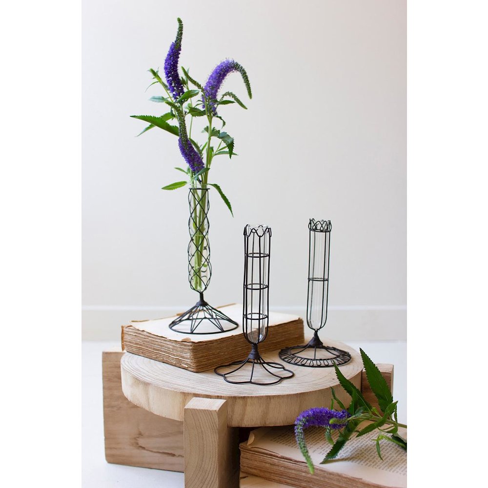 Set Of Three Wire-Wrapped Glass Bud Vases