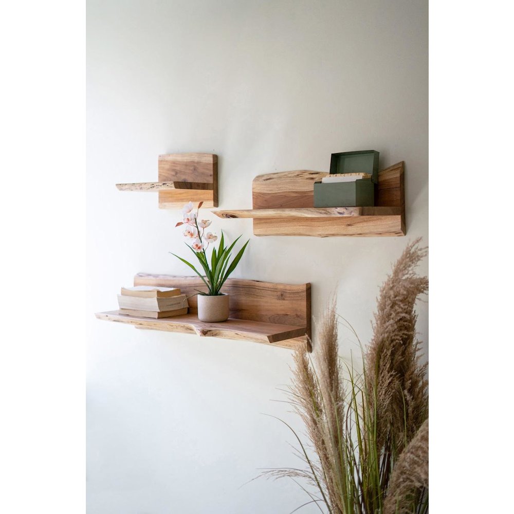 Set Of Three Live-Edge Acacia Wood Floating Shelves