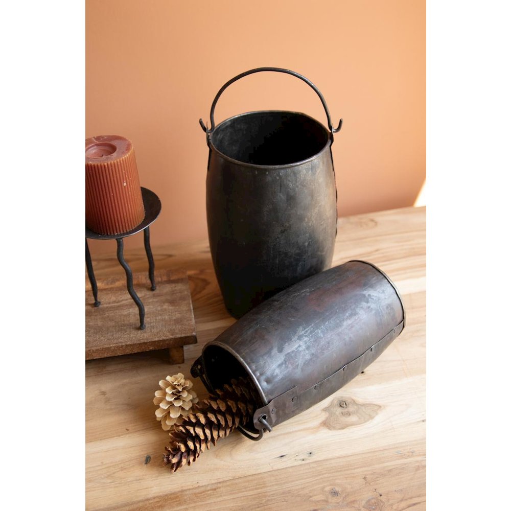 Set of Two Hammered Iron Buckets with Handles