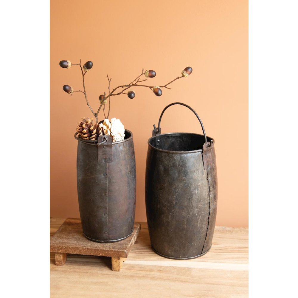 Set of Two Hammered Iron Buckets with Handles