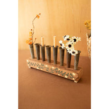 Eight Metal Bud Vases with Painted Wooden Base
