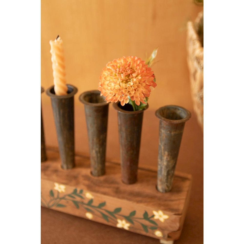 Eight Metal Bud Vases with Painted Wooden Base