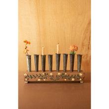Eight Metal Bud Vases with Painted Wooden Base