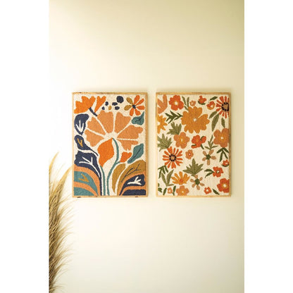 Set Of Two Wood Framed Hand Hooked Wall Art - Florals