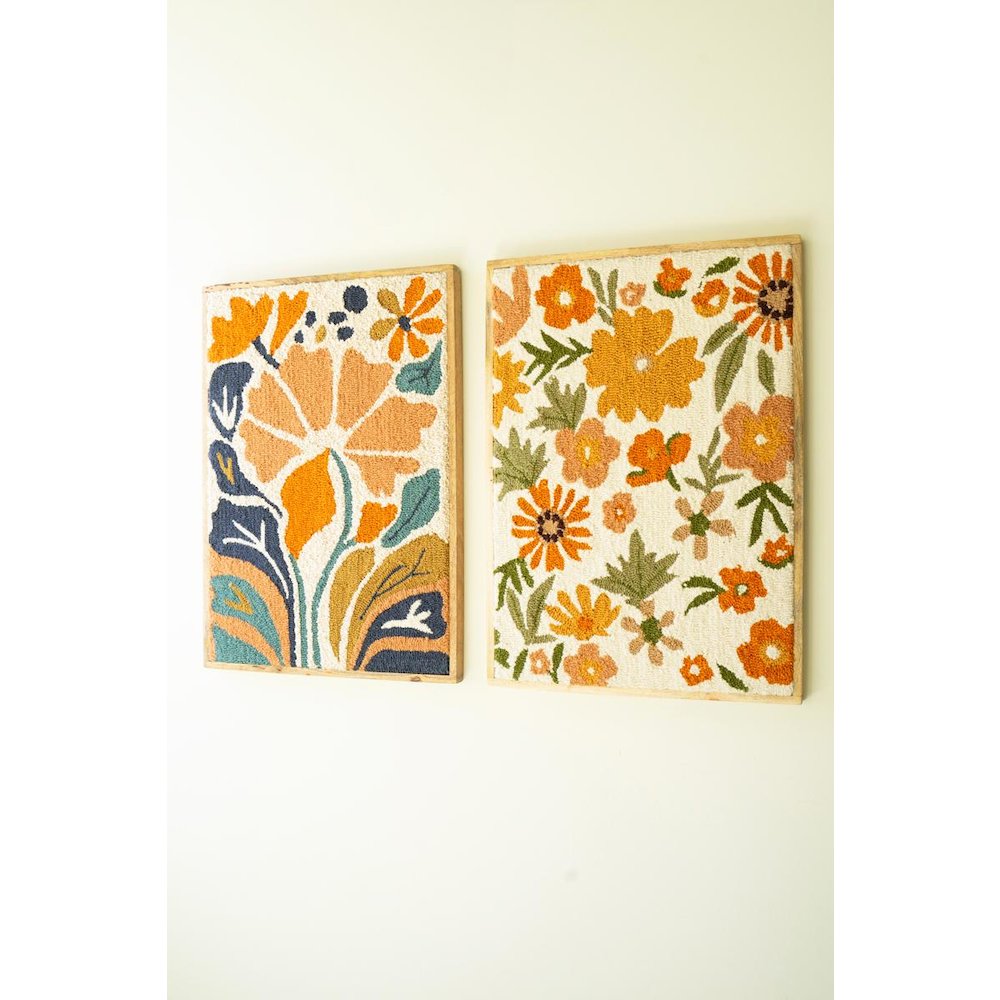 Set Of Two Wood Framed Hand Hooked Wall Art - Florals