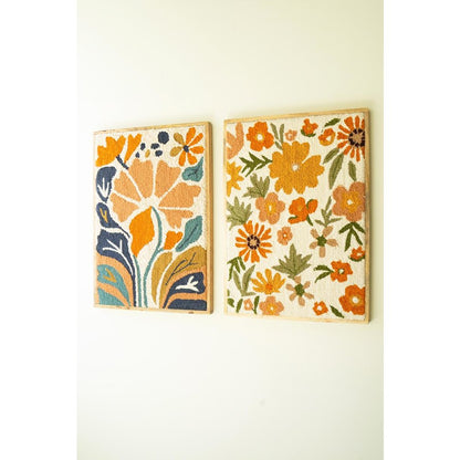 Set Of Two Wood Framed Hand Hooked Wall Art - Florals