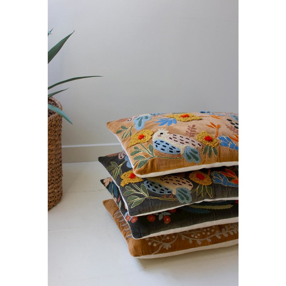 Set Of Two Embroidery Pillows With Birds - One Each Color