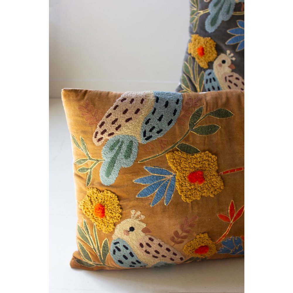 Set Of Two Embroidery Pillows With Birds - One Each Color