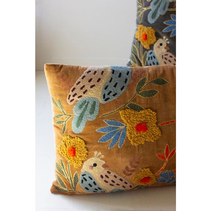 Set Of Two Embroidery Pillows With Birds - One Each Color