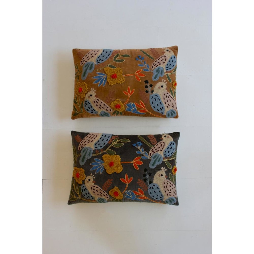 Set Of Two Embroidery Pillows With Birds - One Each Color