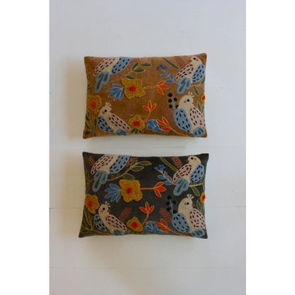 Set Of Two Embroidery Pillows With Birds - One Each Color