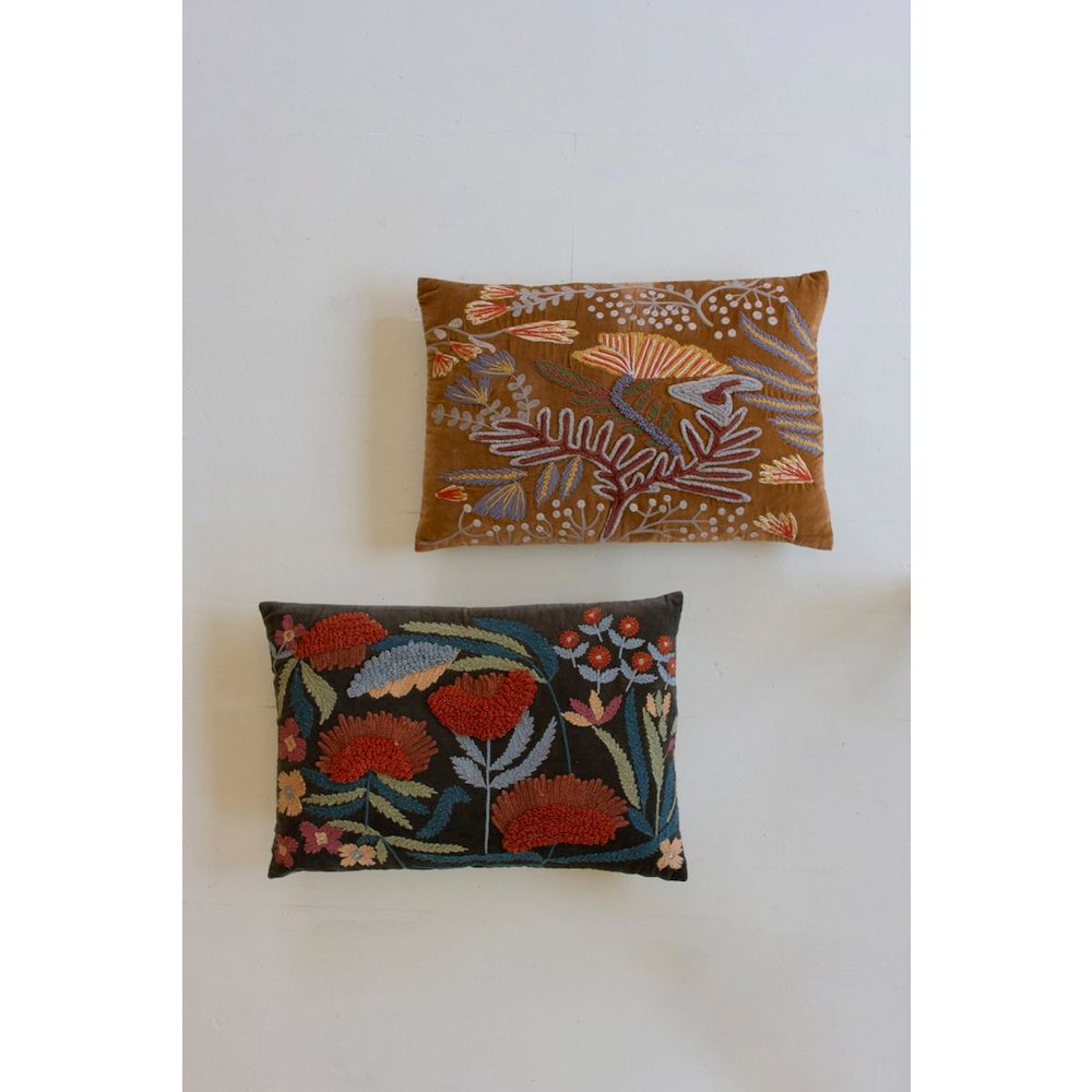 Set Of Two Embroidery Pillows With Flowers - One Each Color