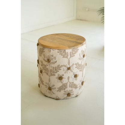 Round Embroidered Accent Table with Mango Wood Top