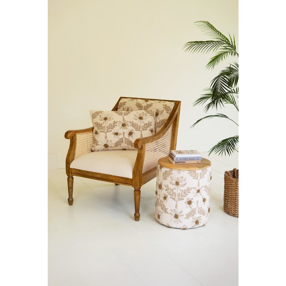 Round Embroidered Accent Table with Mango Wood Top