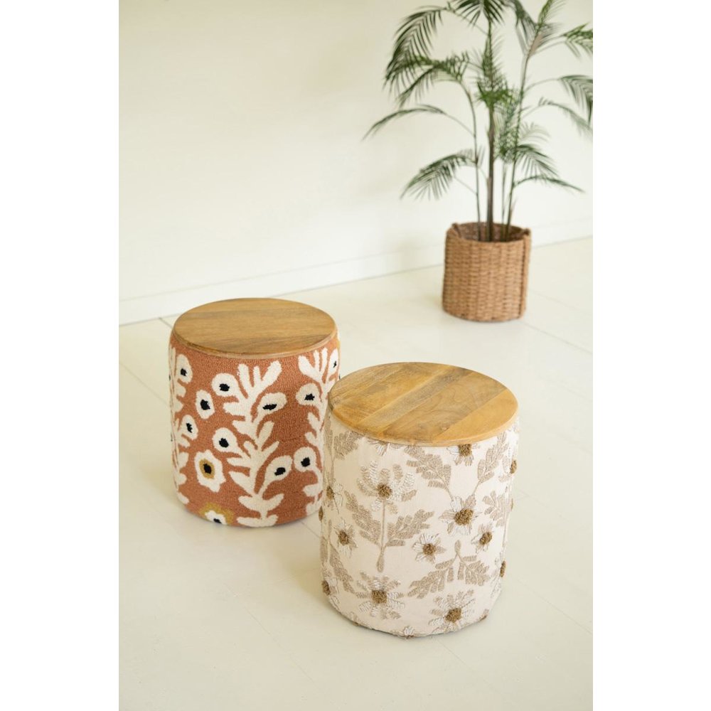 Round Embroidered Accent Table with Mango Wood Top
