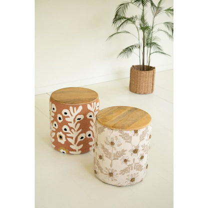 Round Embroidered Accent Table with Mango Wood Top