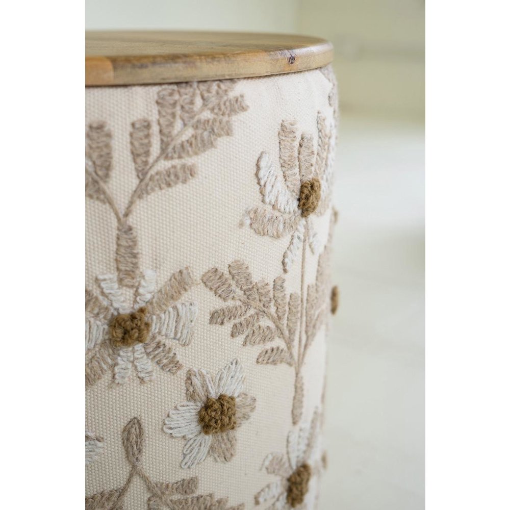 Round Embroidered Accent Table with Mango Wood Top