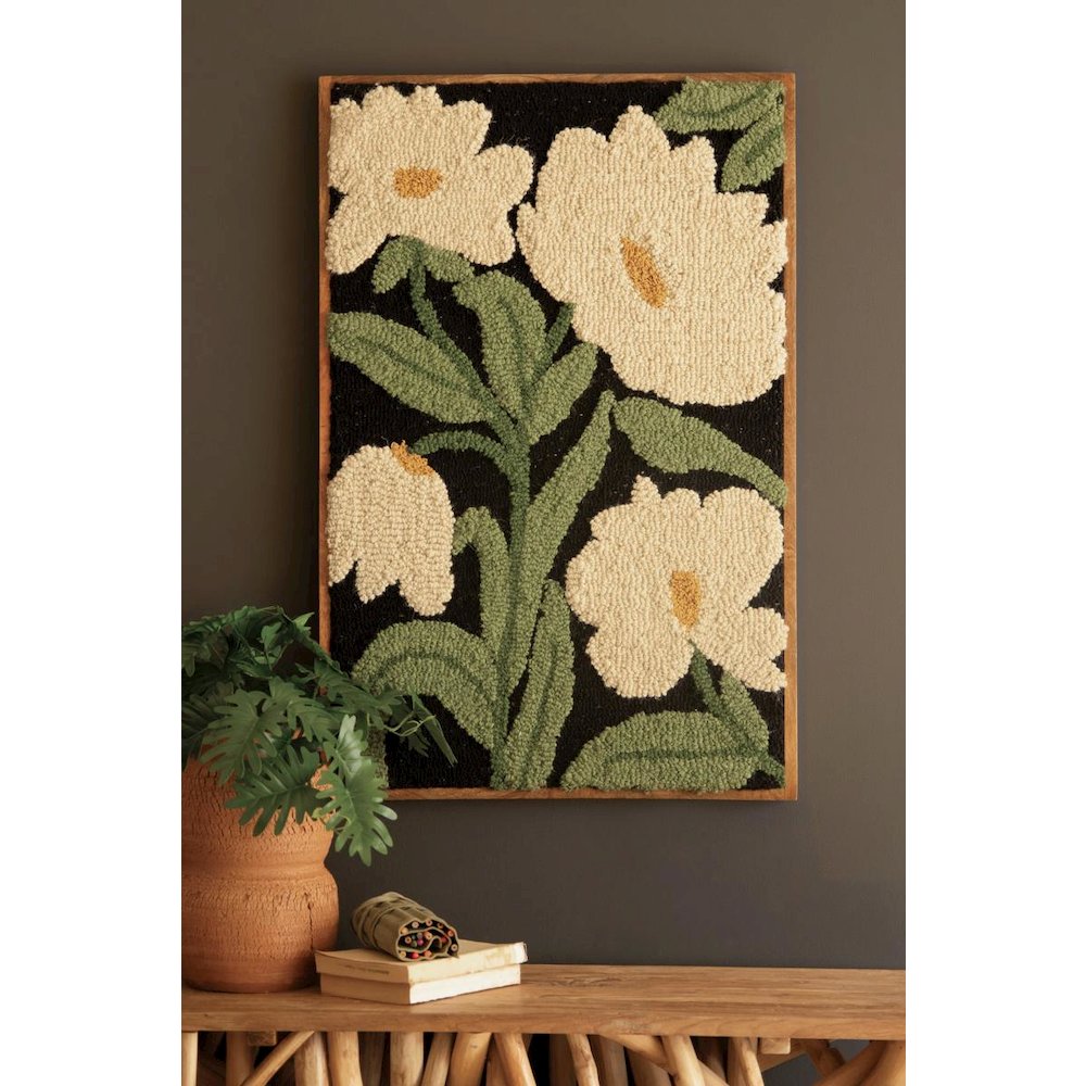 Wood Framed Hand-hooked Art - White Flowers
