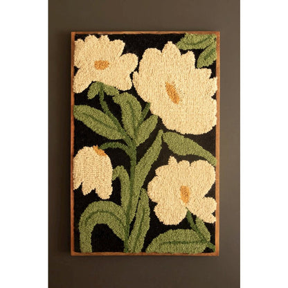 Wood Framed Hand-hooked Art - White Flowers