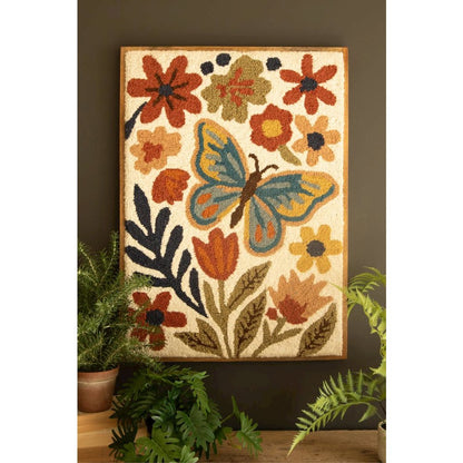 Wood Framed Hand-hooked Flowers & Butterfly